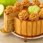 Caramel Apple Spice Cake with caramel drizzle and apple slices