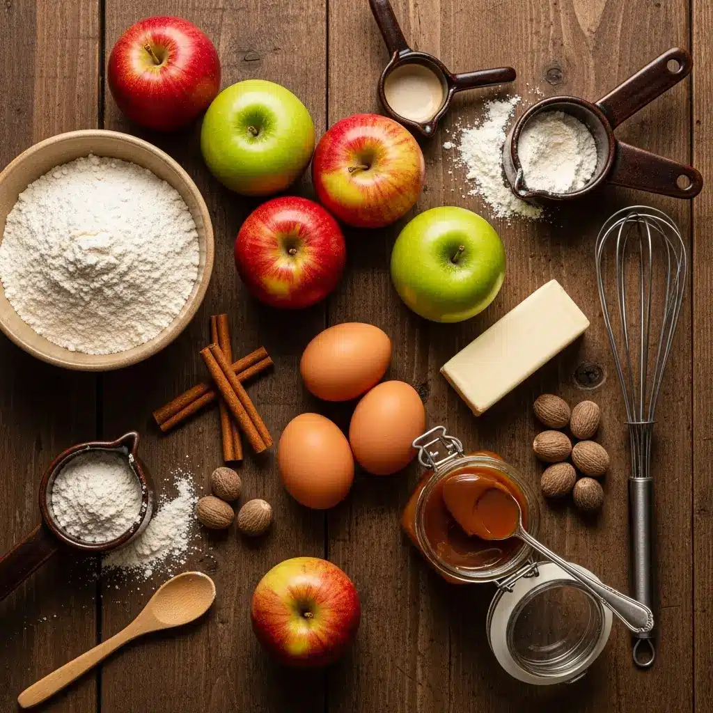 Ingredients for Caramel Apple Spice Cake laid out on a kitchen counter