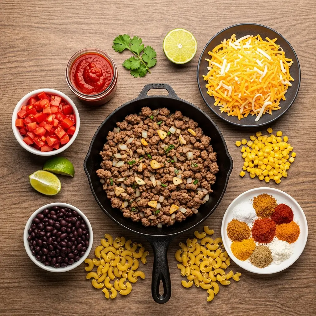 Ingredients for Cheesy Beef Taco Pasta recipe