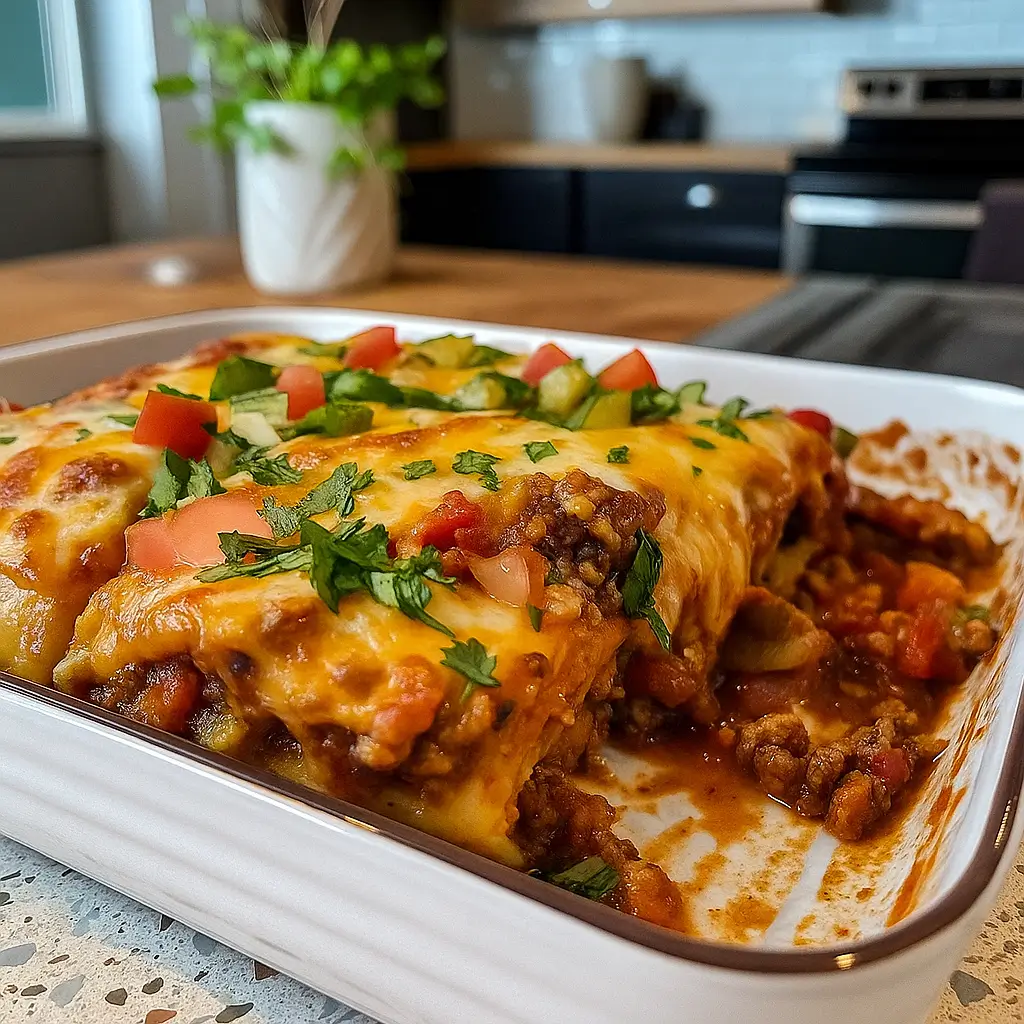 Cheesy Burrito Casserole in a white baking dish topped with melted cheese, tomatoes, and cilantro