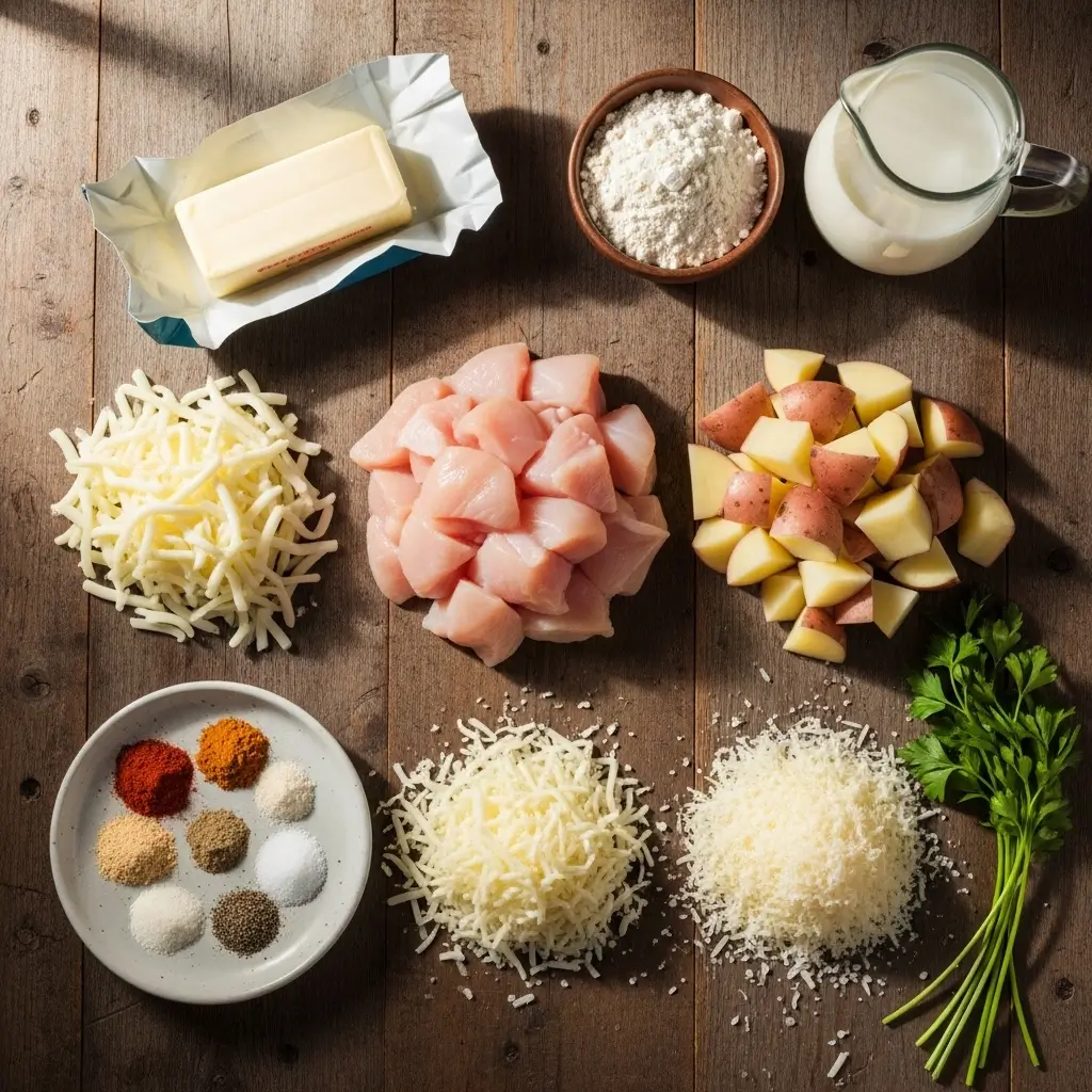 Ingredients for Cheesy Chicken and Potato Bake
