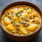 Cheesy Hamburger Potato Soup served hot in a rustic bowl