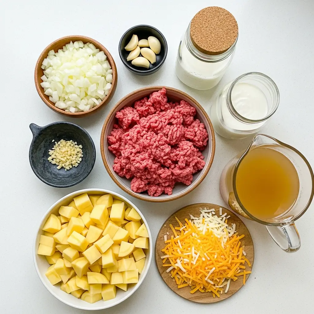 Ingredients for Cheesy Hamburger Potato Soup laid out on a kitchen counter