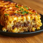 Cheesy Mac and Cheese Meatloaf Casserole in baking dish