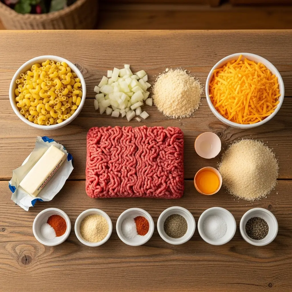Ingredients for Cheesy Mac and Cheese Meatloaf Casserole