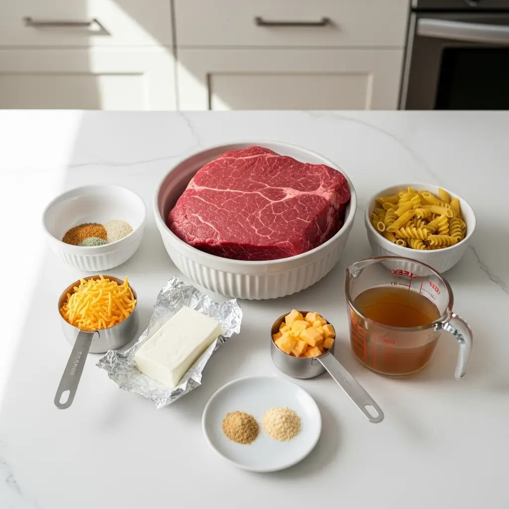 Ingredients for Crockpot Cheesy Ranch Beef Pasta