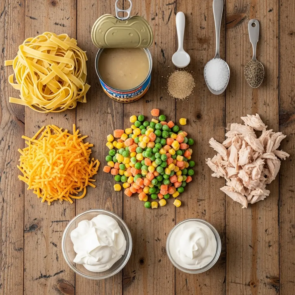 Chicken pot pie casserole ingredients laid out