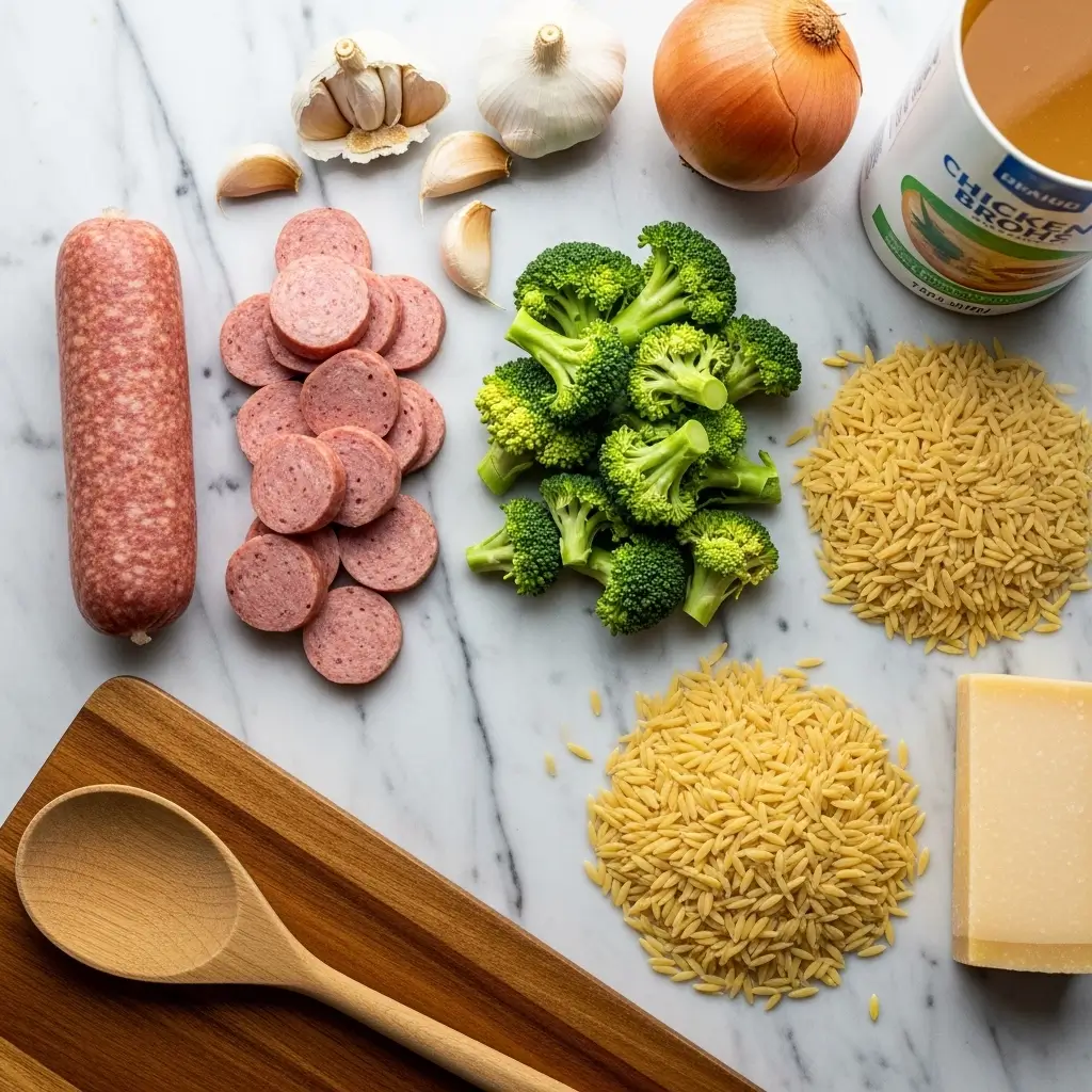 Chicken Sausage and Broccoli Orzo ingredients laid out