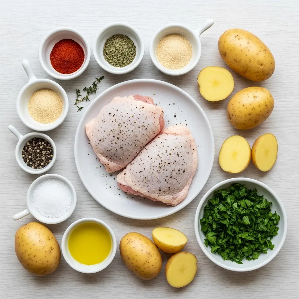 Raw ingredients for chicken thighs and potatoes