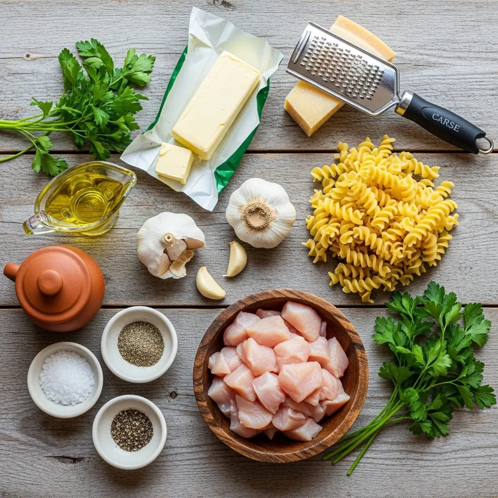 Ingredients for chicken with buttered noodles