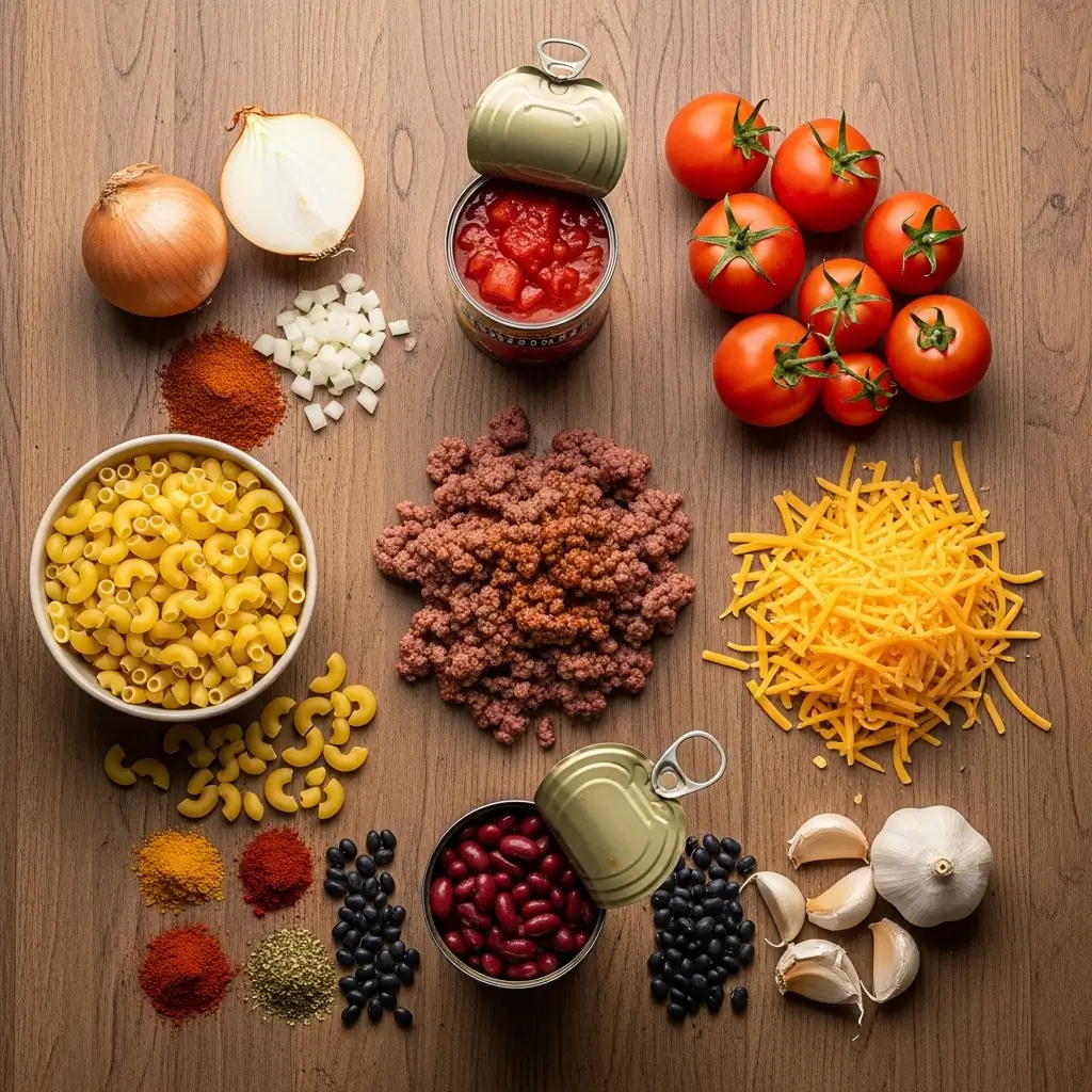 Chili mac casserole ingredients laid out on kitchen counter