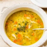 Cozy Chicken Rice Soup in a rustic bowl