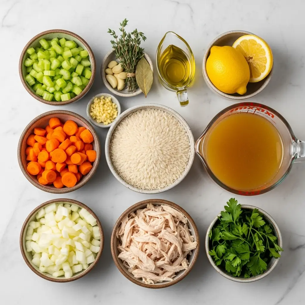 Ingredients for cozy chicken rice soup