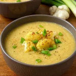 cozy roasted garlic and cauliflower soup served in a rustic bowl