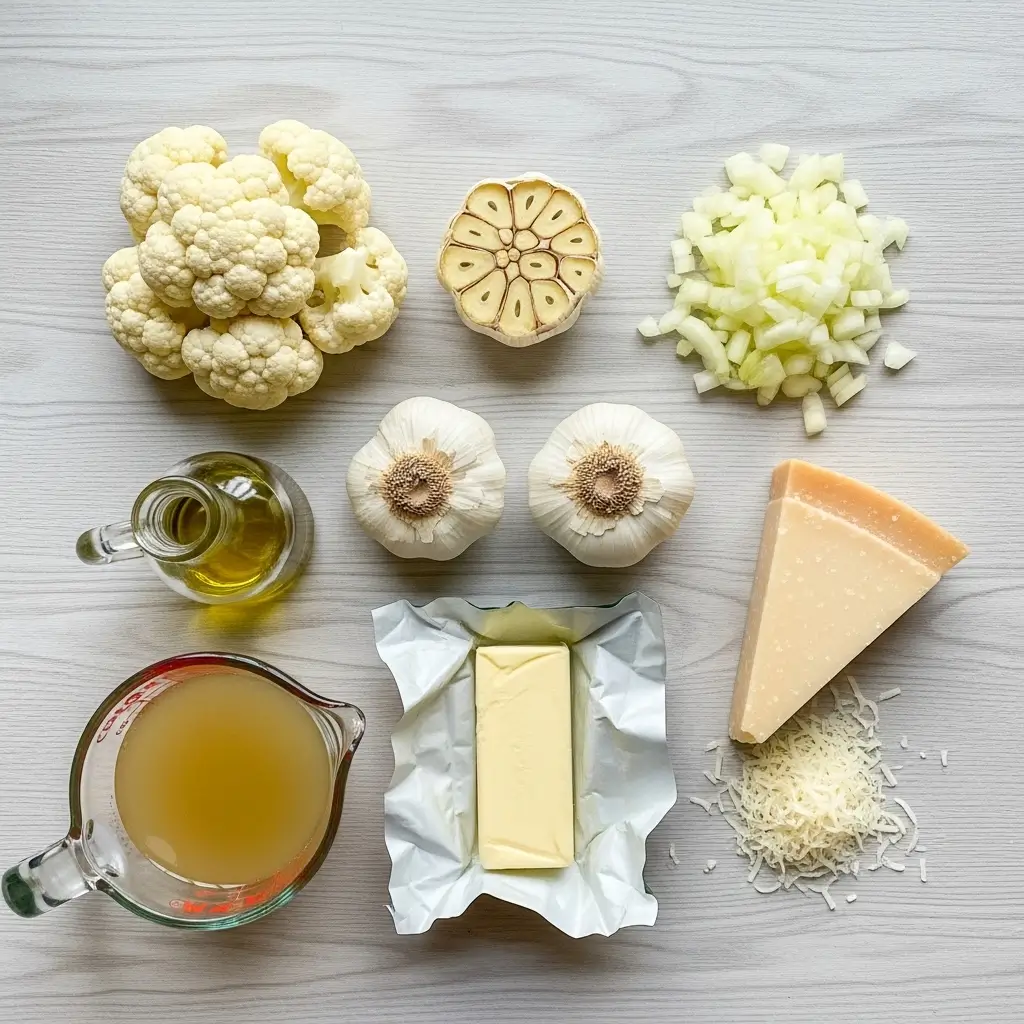 ingredients for cozy roasted garlic and cauliflower soup laid out on a counter