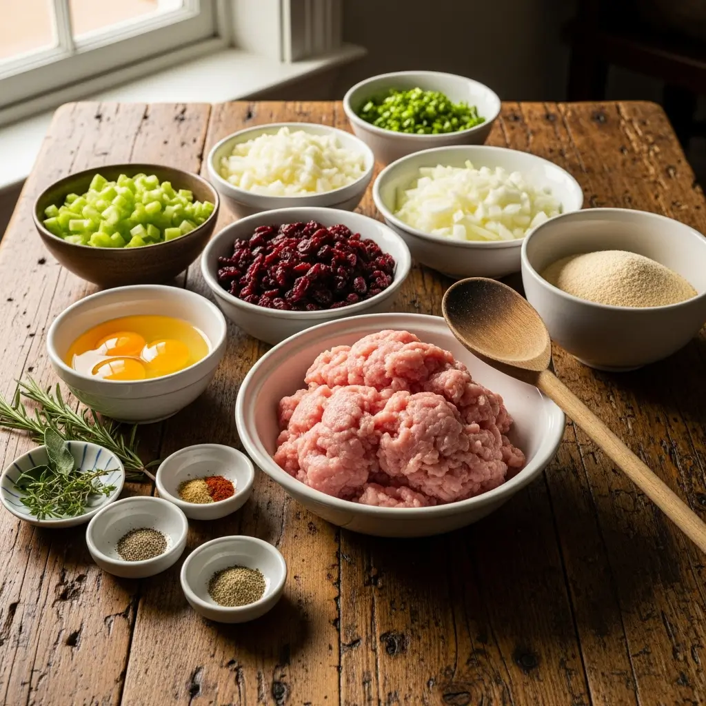 cranberry turkey stuffing balls ingredients laid out