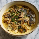 Cream of mushroom soup homemade in a rustic bowl