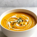 Creamy butternut squash soup in bowl with toppings