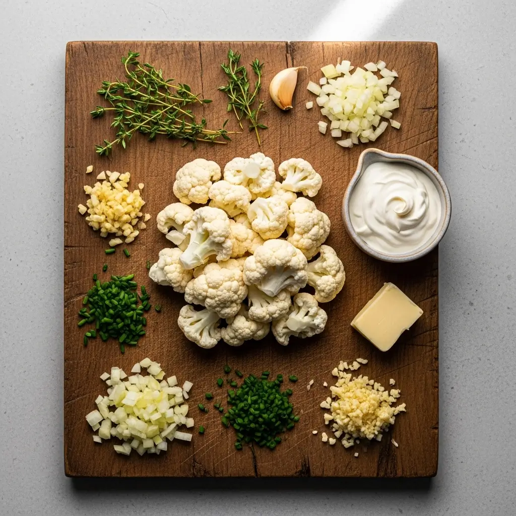 Ingredients for Creamy Cauliflower Soup on Kitchen Surface