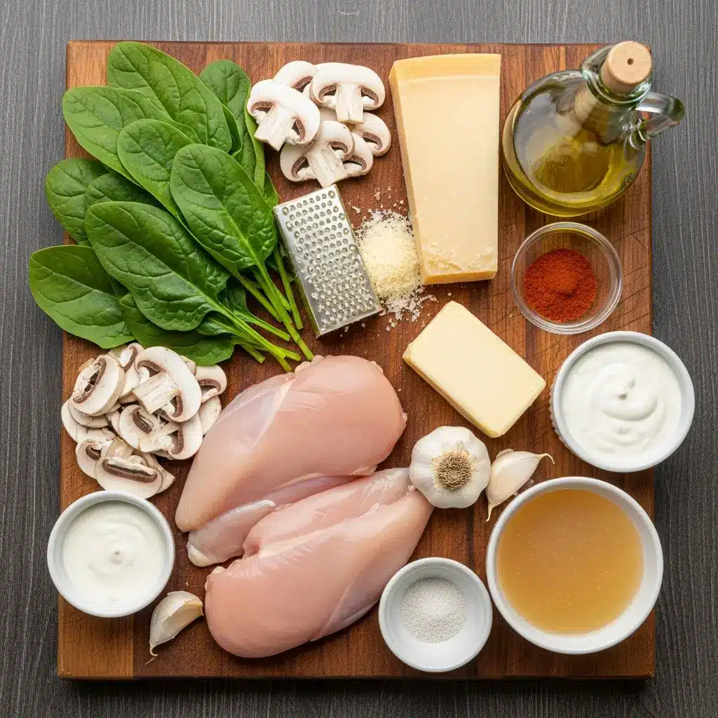Ingredients for creamy chicken mushroom spinach skillet