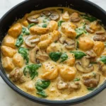 Creamy Chicken Mushroom Spinach Skillet in a skillet