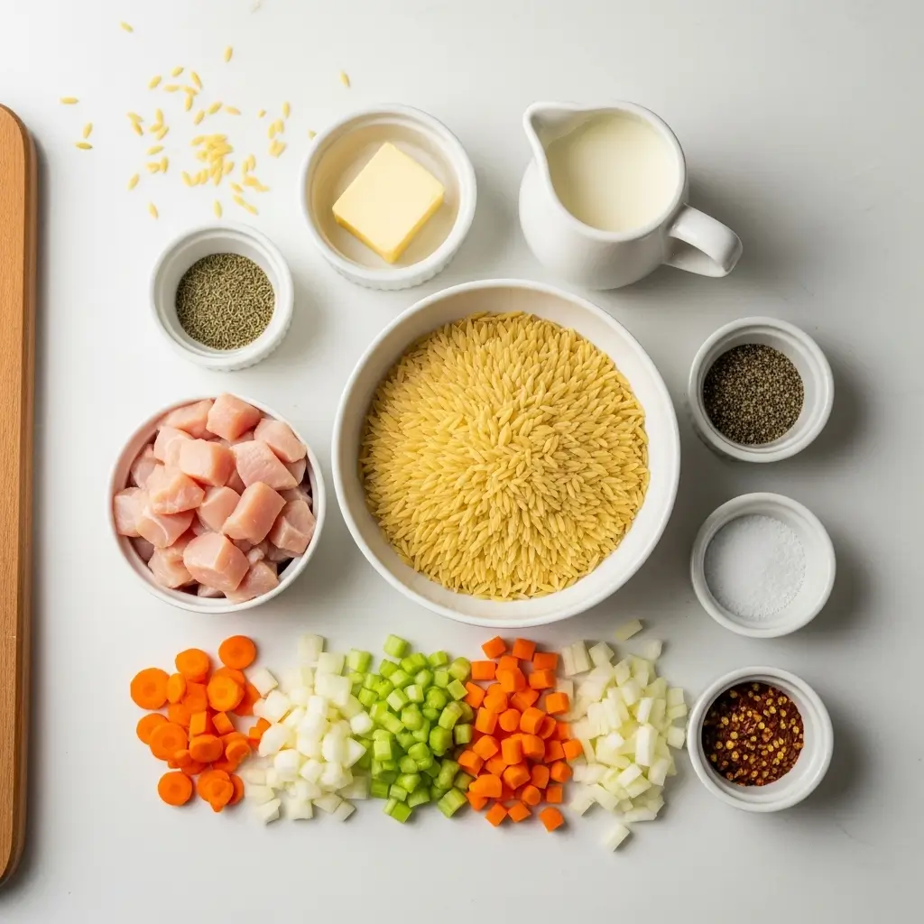 Ingredients for Creamy Chicken Pot Pie Orzo laid out on a counter