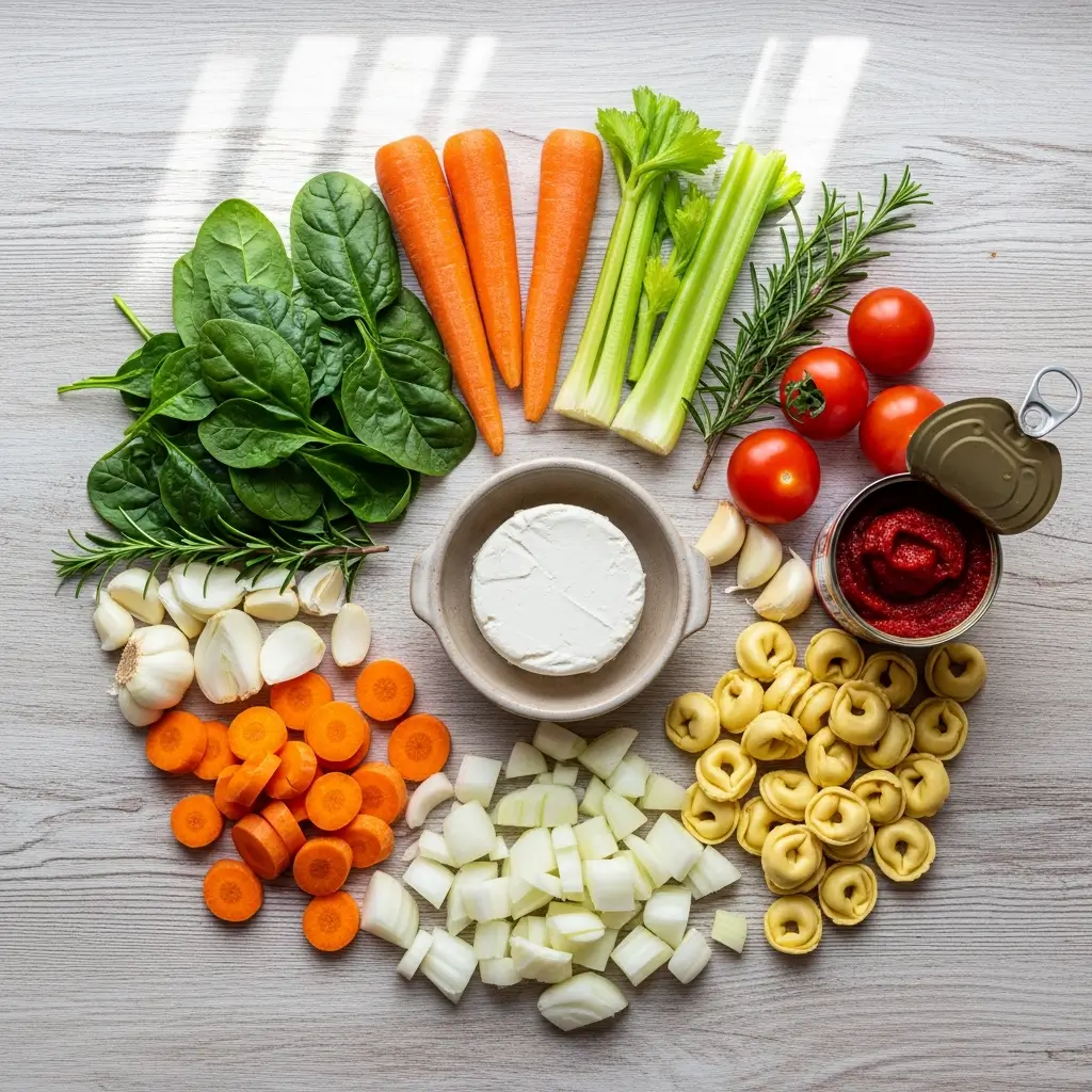 Ingredients for creamy chicken tortellini soup