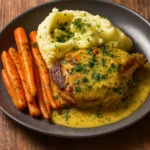 creamy herb chicken with mashed potatoes and glazed carrots
