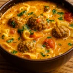 Creamy Italian Meatball Soup in a rustic kitchen