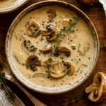 Creamy Mushroom Soup in bowl with bread