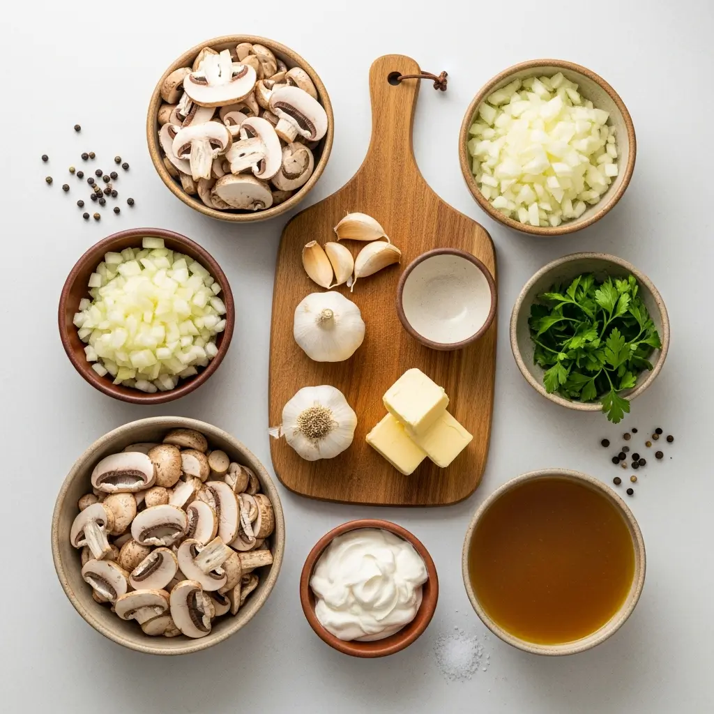 Ingredients for Creamy Mushroom Soup on kitchen counter