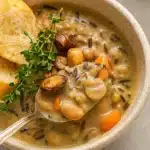 Creamy Mushroom & Wild Rice Soup in rustic bowl