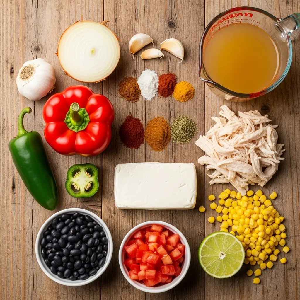 Ingredients for Creamy Southwest Chicken Soup laid out on table