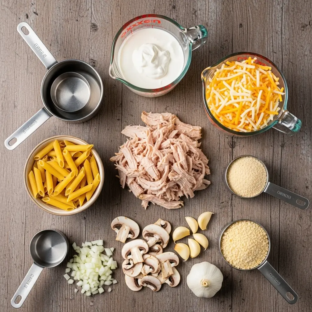 Creamy Turkey Tetrazzini ingredients on wood table
