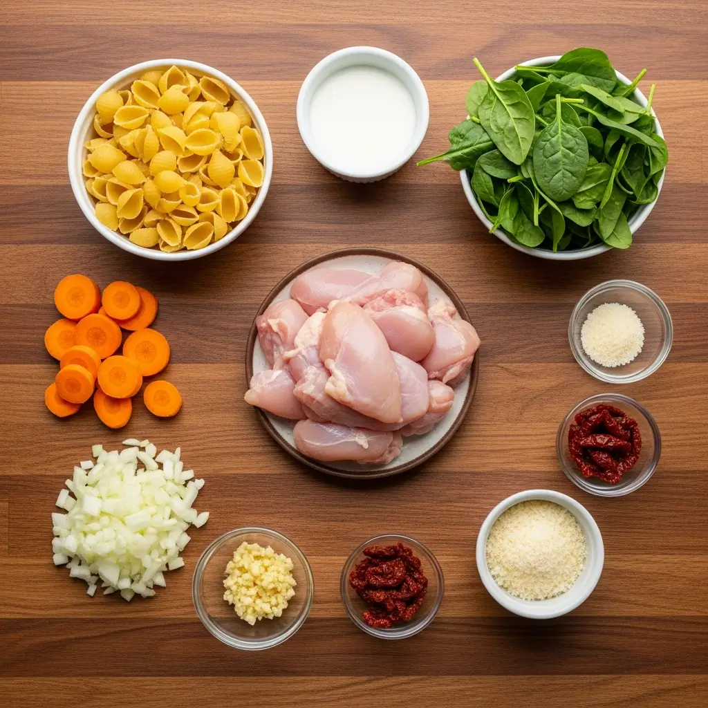 creamy tuscan chicken soup ingredients on countertop