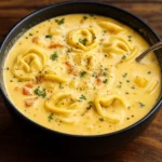 creamy tuscan garlic tortellini soup served in bowl