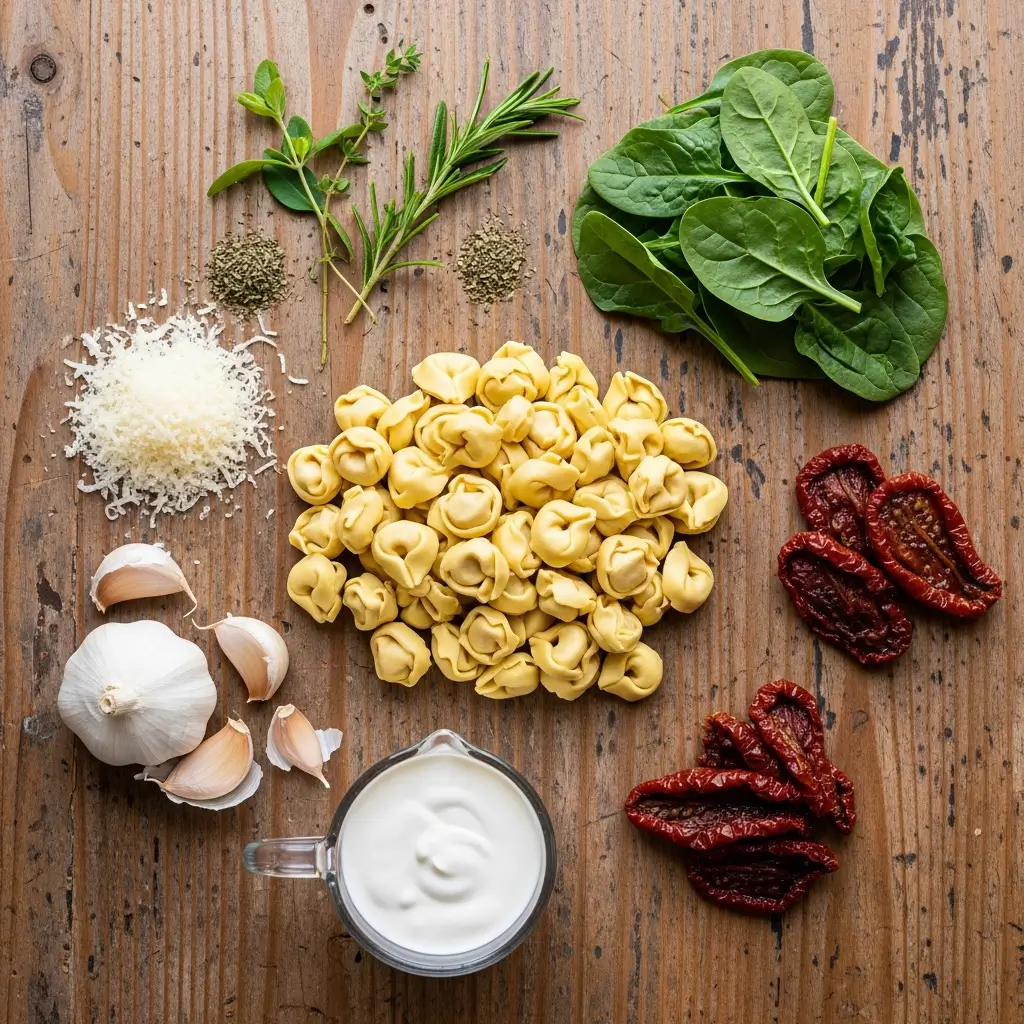 ingredients for creamy tuscan garlic tortellini soup