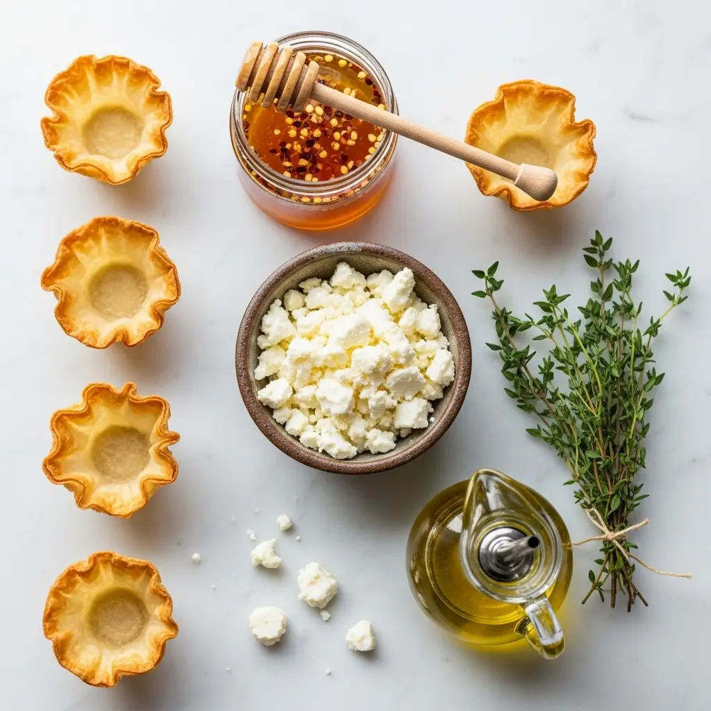 Ingredients for crispy feta and hot honey phyllo cups