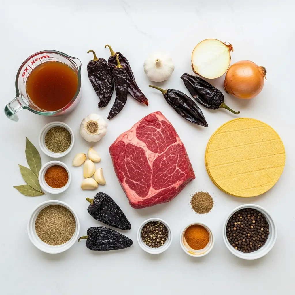 All the key ingredients needed for slow-cooked crock pot birria tacos