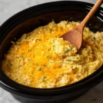 Crock Pot Chicken and Rice in a bowl with melted cheese