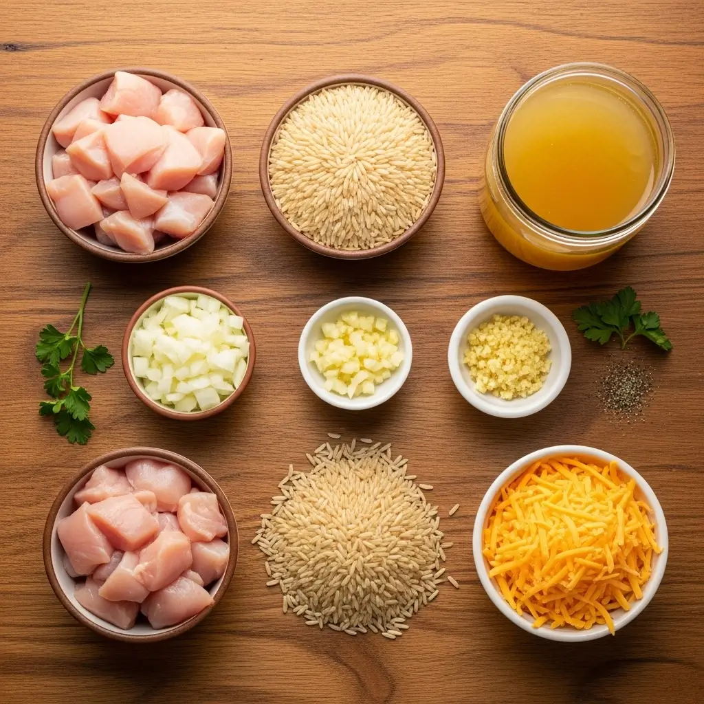 Ingredients for Crock Pot Chicken and Rice laid out