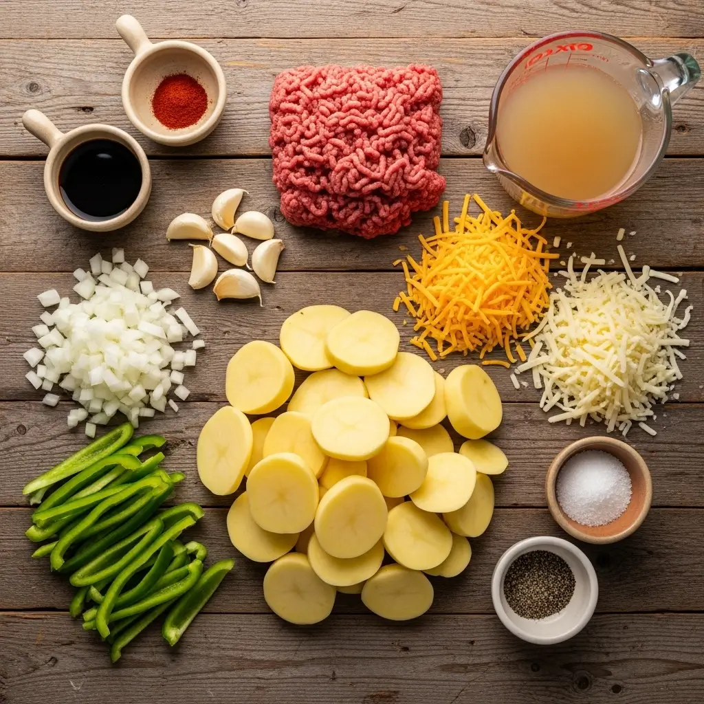 Ingredients for Crockpot Cheesesteak Potato Casserole