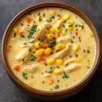 Crockpot Chicken Corn Chowder in rustic bowl
