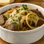 Crockpot French Onion Pot Roast with melted cheese and gravy
