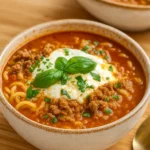 Crockpot Lasagna Soup served hot with basil and cheese