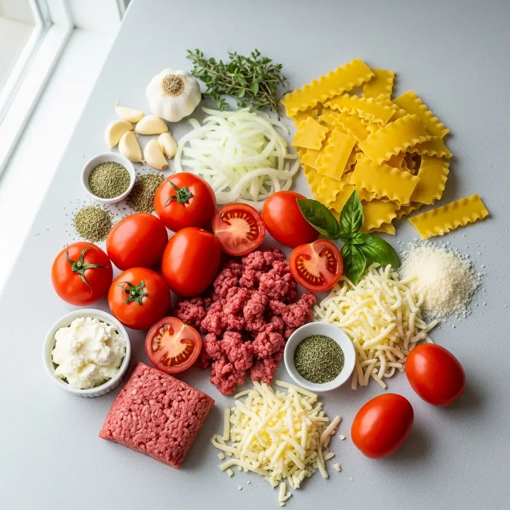 Ingredients for Crockpot Lasagna Soup on kitchen counter