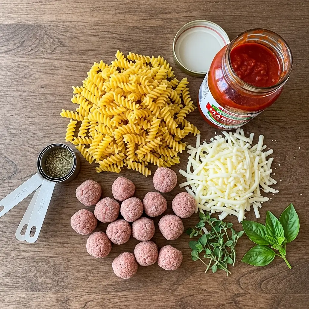 Ingredients for Dump and Bake Meatball Casserole
