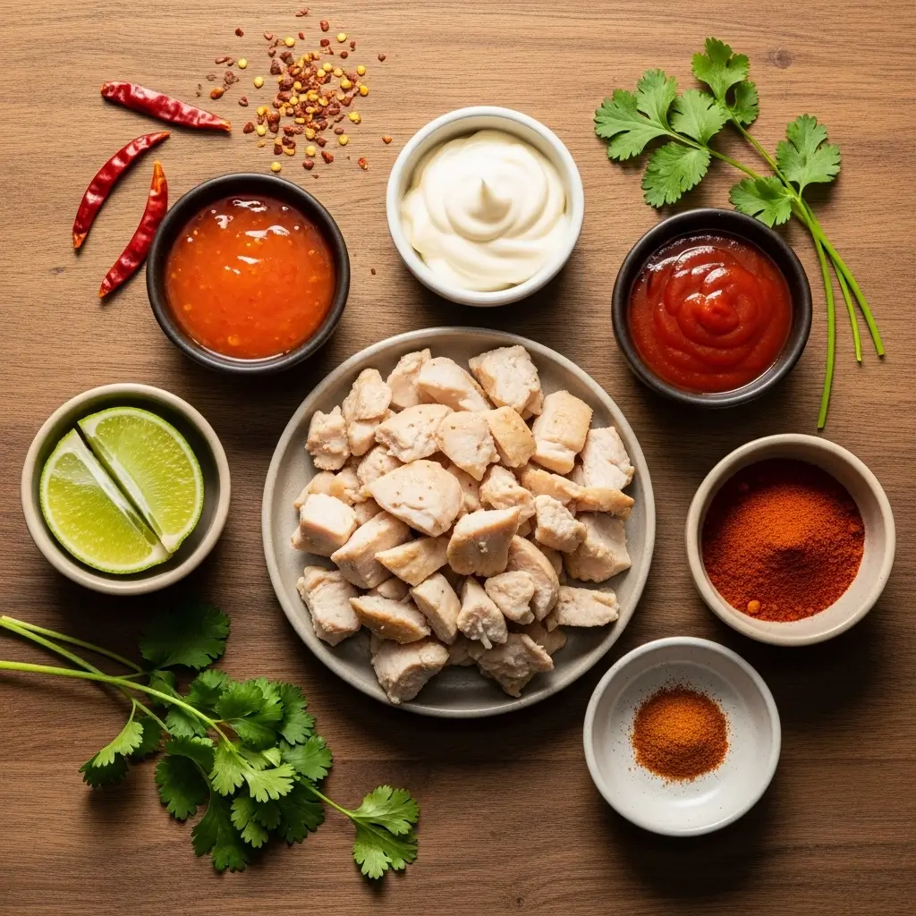 Ingredients for Easy Bang Bang Chicken laid out on counter