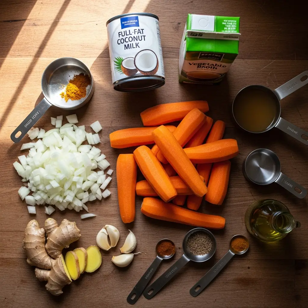 Ingredients for Easy Carrot Ginger Soup laid out