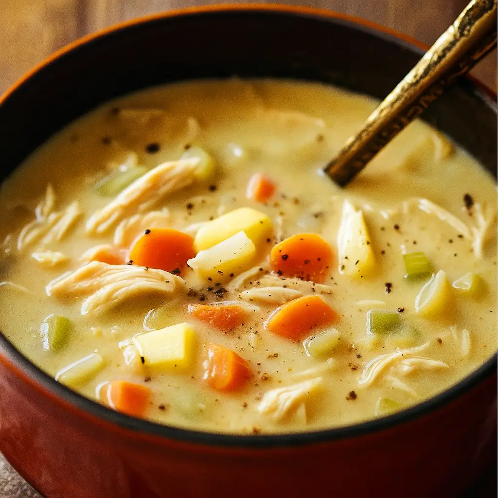 Easy Creamy Chicken Noodle Soup in pot